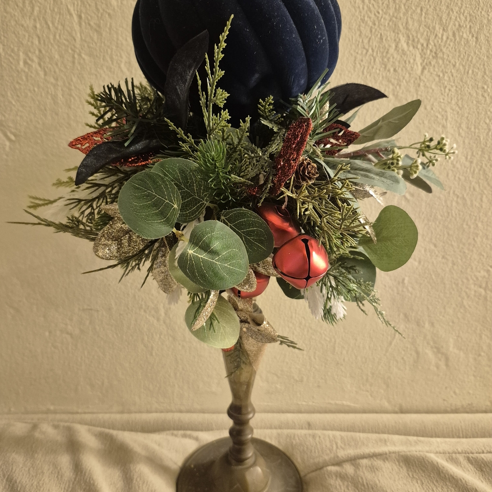 Festive Floral Arrangement with Blue Velvet Ornament